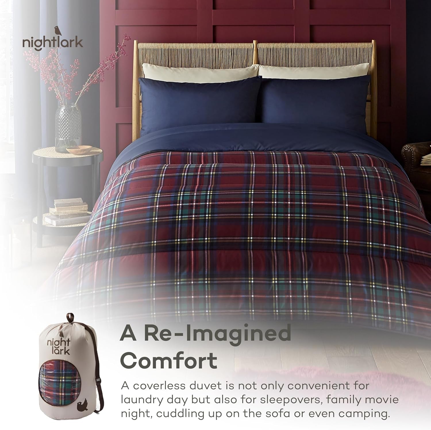 Set piumino e federa Night Lark, 10,5 tog, singolo, tartan rosso classico, biancheria da letto di lusso, ipoallergenico, piumini e trapunte lavabili in lavatrice Naty Shop