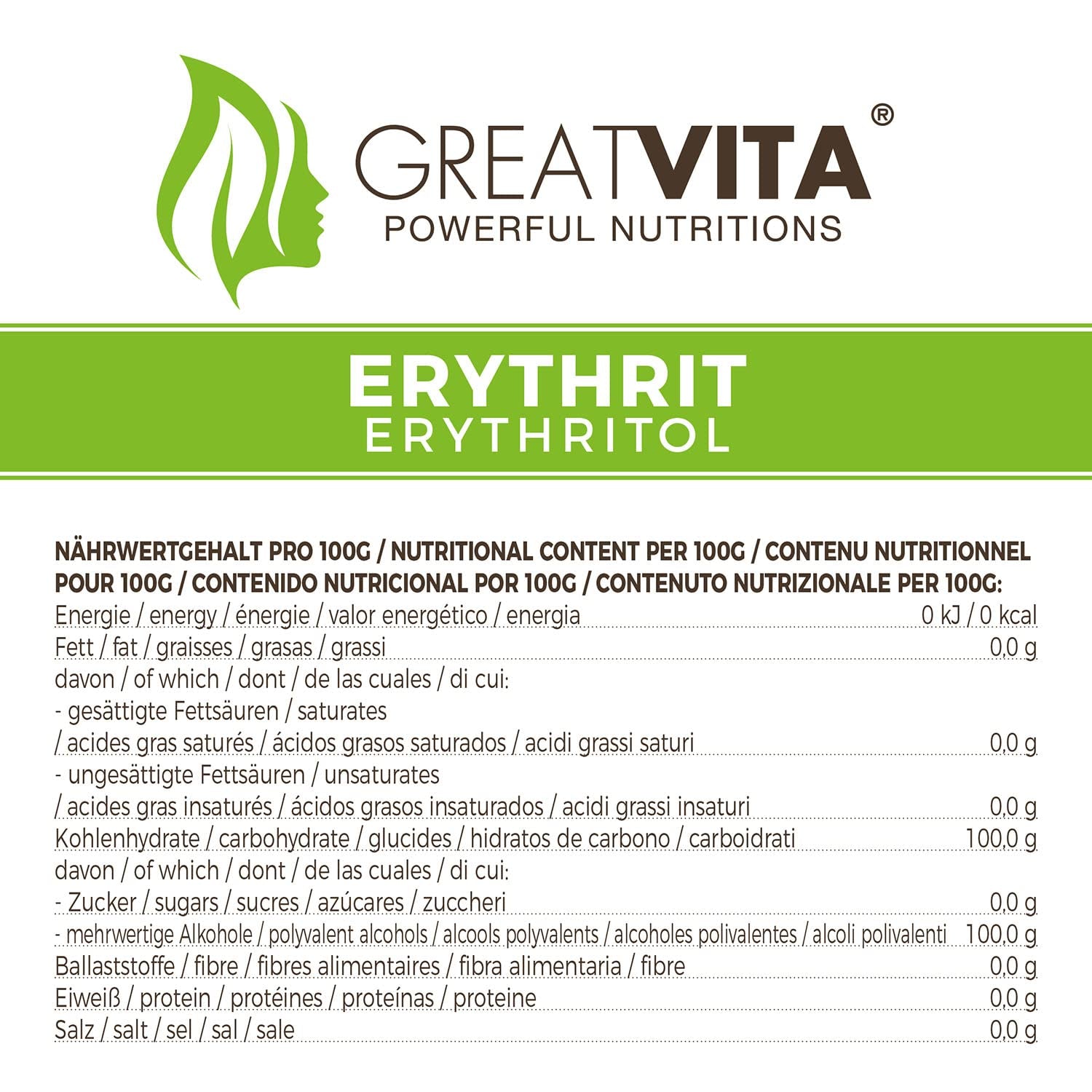 Greatvita Eritritolo 1000 G | Kalorienfreie Süßungsmittel & Zucker-Alternative | Zahnfreundlich, Gut Löslich & Glutenfrei | Ideal Für Getränke, Dessert e Dolcificanti da forno Naty Shop