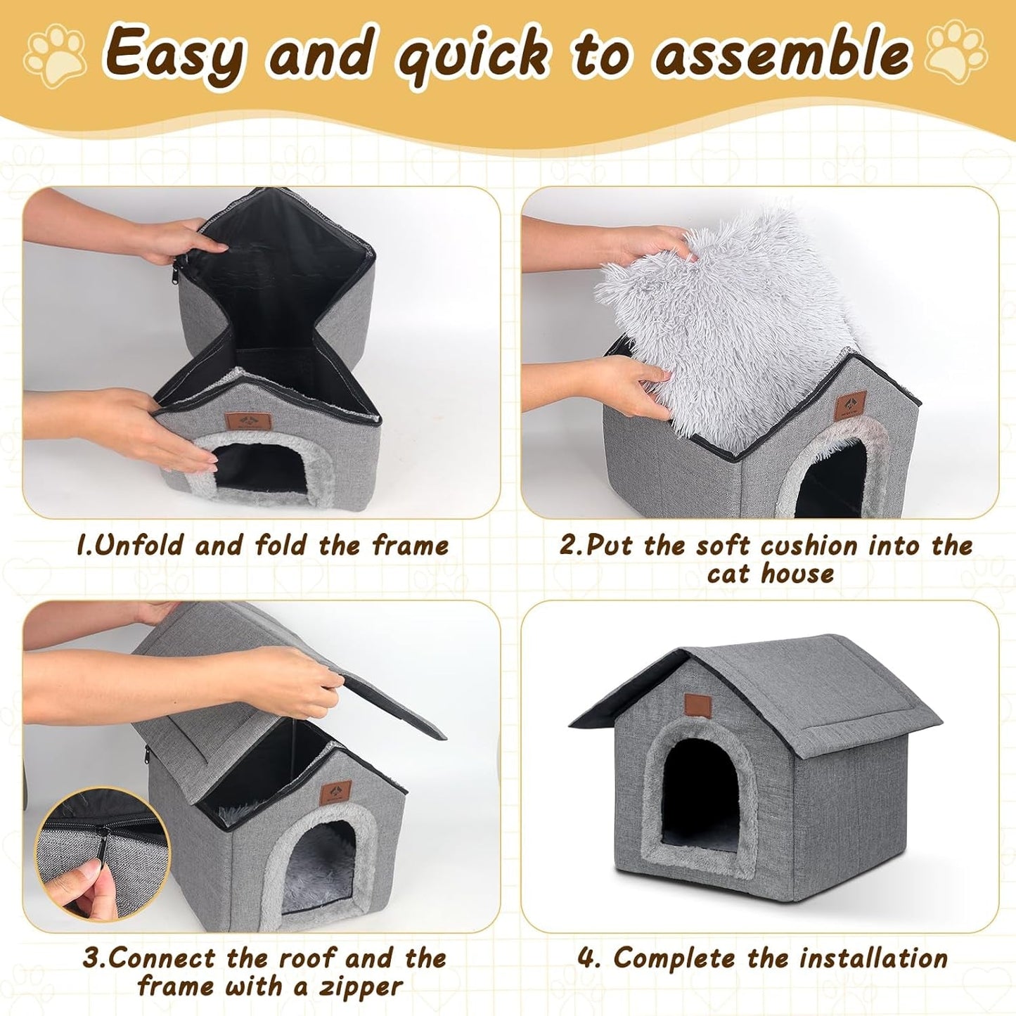 Katzenhaus Outdoor Winterfest, Katzenhöhle, Hundehöhle mit Abnehmbarem Plüschkissen, Wasserdicht Wetterfester, Hundehütte Indoor, Hundehaus für Drinnen/Indoor 35x30x35cm (Grigio, S)