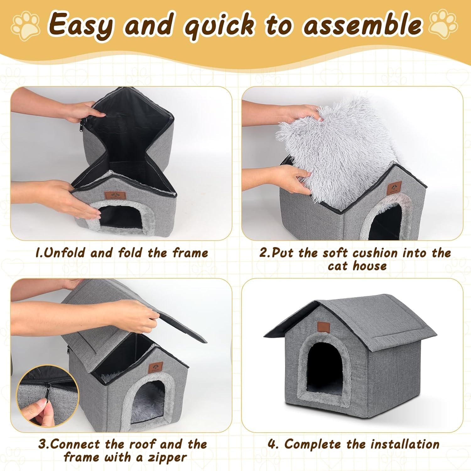 Katzenhaus Outdoor Winterfest, Katzenhöhle, Hundehöhle mit Abnehmbarem Plüschkissen, Wasserdicht Wetterfester, Hundehütte Indoor, Hundehaus für Drinnen/Indoor 35x30x35cm (Grigio, S)