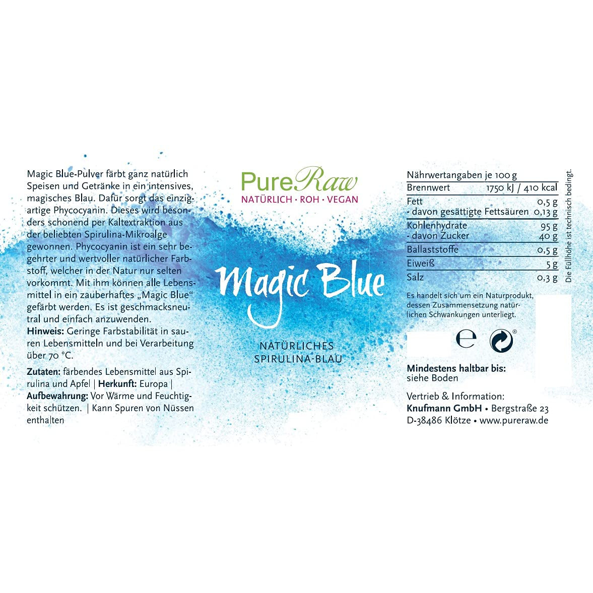 Magic Blue Spirulina colorante alimentare naturale in polvere blu (vegano crudo) da blu scuro a blu pastello chiaro - colorante alimentare in polvere di alghe ficocianine - colorante alimentare naturale | Pureraw 5G