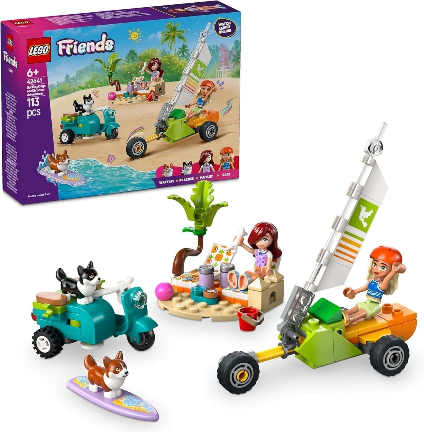 LEGO Friends Avventura in spiaggia con i cani, Giocattolo da costruzione per ragazze di 6 anni, Set da gioco con animali con 2 minifigure e 2 personaggi di Corgi, Regalo per bambini creativi, Set di costruzioni avventurose con tavola da surf 42641 Set da costruzione Besuche den LEGO-Store Titolo predefinito