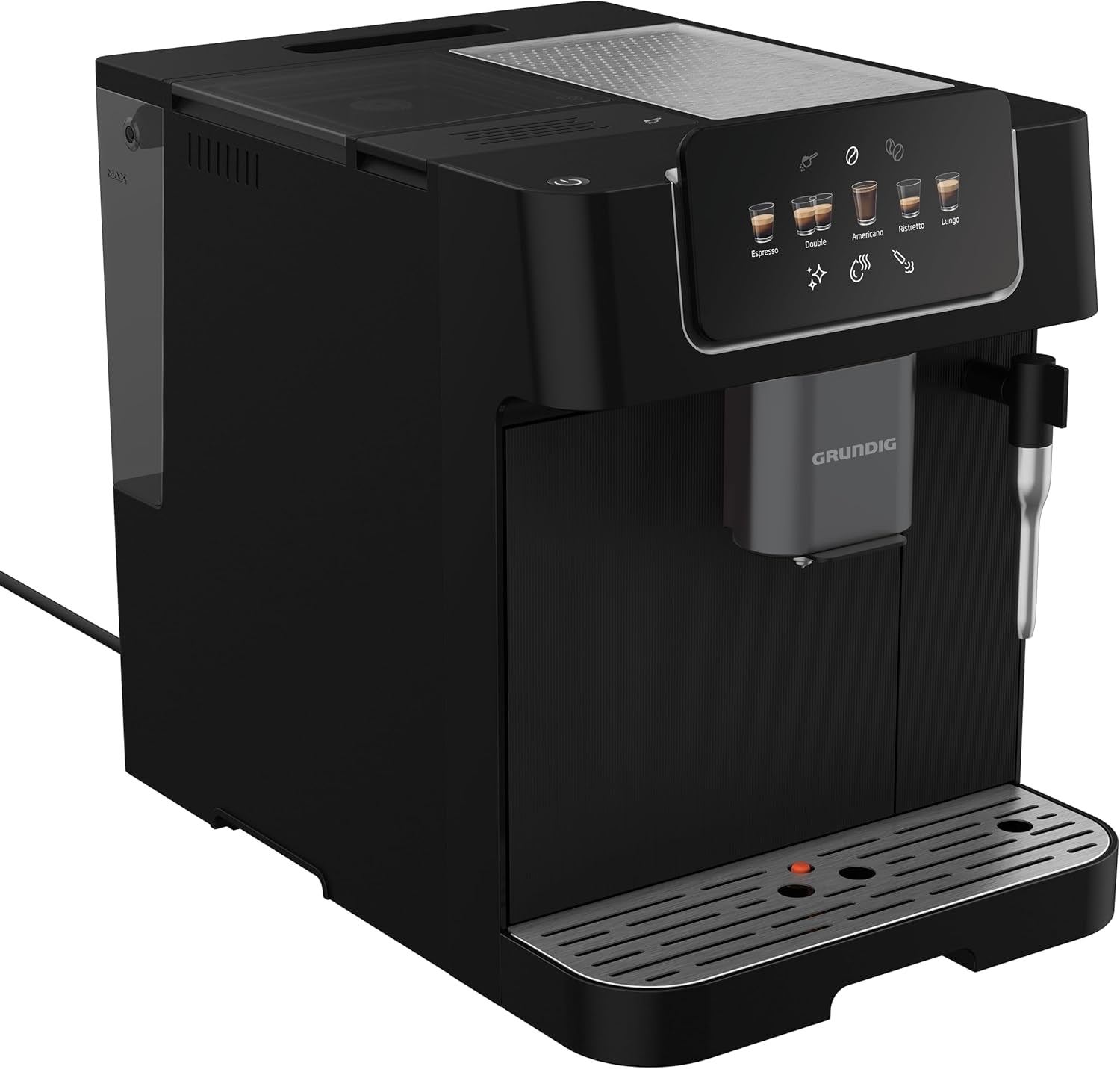 Macchina per caffè espresso completamente automatica GRUNDIG KVA 6230 con montalatte, macinacaffè in acciaio inossidabile con 13 impostazioni di macinatura, contenitore per chicchi da 250 g, serbatoio dell'acqua rimovibile da 2 litri, pressione della pompa 19 bar, display touch, nero