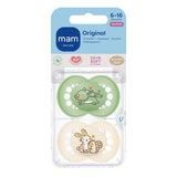 Ciucci originali MAM, confezione da 2, ciucci per bambini adatti ai denti, realizzati con materiali sostenibili e biorigenerabili, tettarelle in silicone MAM SkinSoft, con scatola per ciuccio, 6-16 mesi, lupo/coniglio