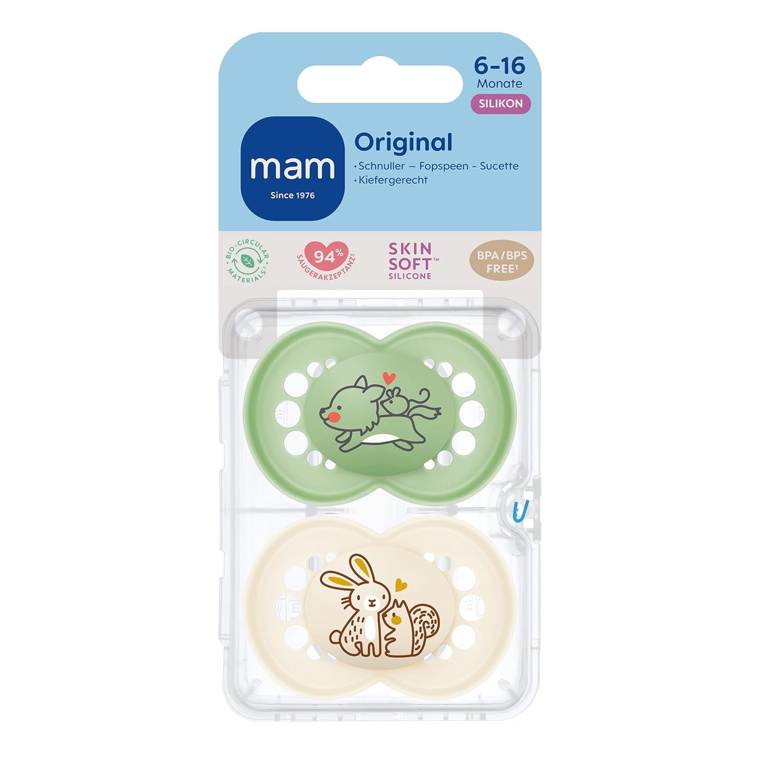 Ciucci originali MAM, confezione da 2, ciucci per bambini adatti ai denti, realizzati con materiali sostenibili e biorigenerabili, tettarelle in silicone MAM SkinSoft, con scatola per ciuccio, 6-16 mesi, lupo/coniglio