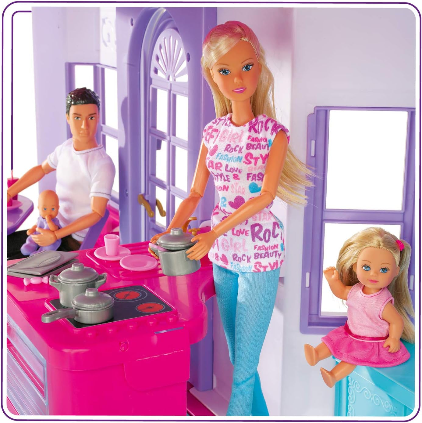 Simba 104661996 - Steffi Love Dreamhouse, grande casetta da gioco, 4 stanze, SENZA BURATTINI, altezza 84 cm, due livelli, campanello funzionale, casa delle bambole pieghevole Naty Shop