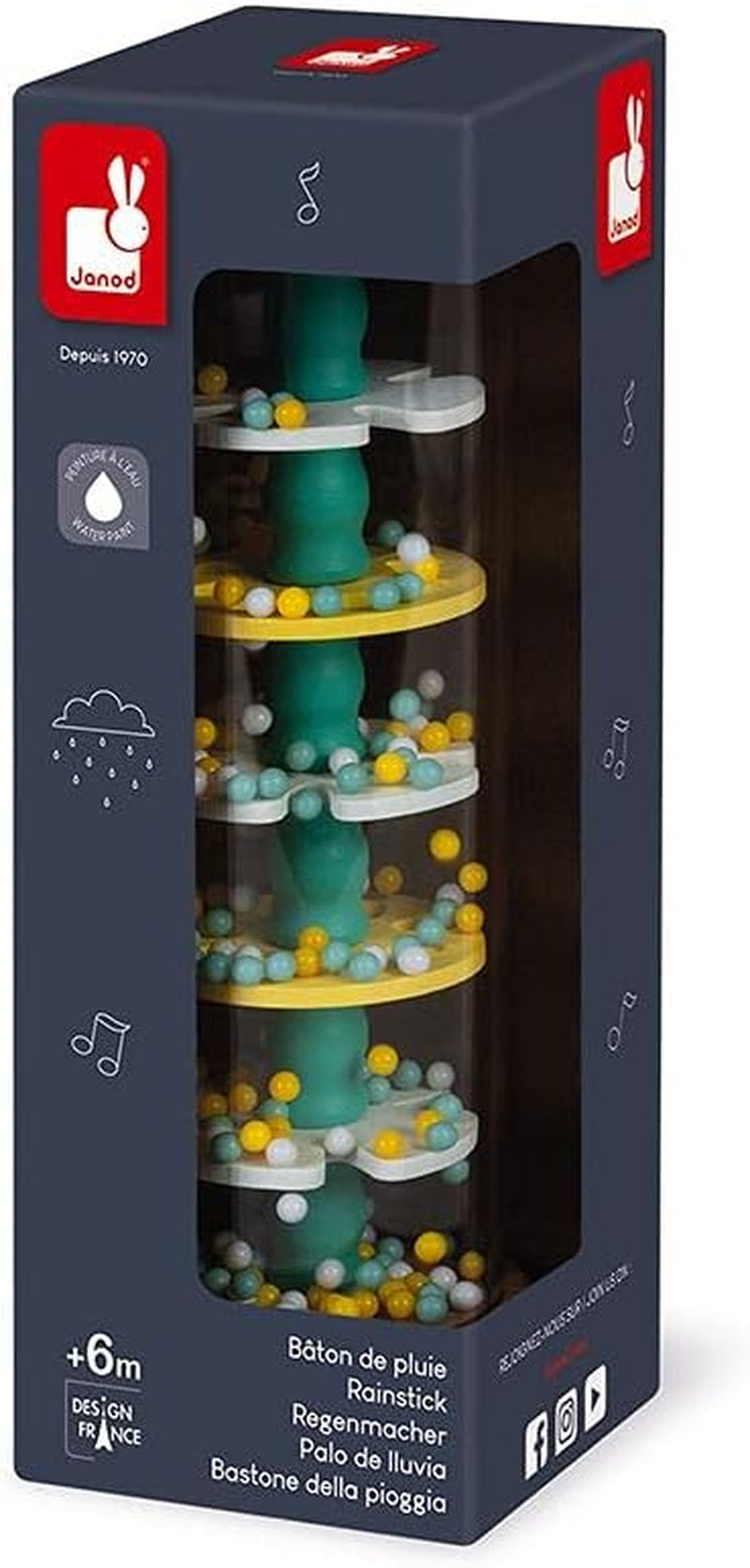 Janod - Rainmaker in legno - Collezione Pure - Giocattolo per neonati e bambini piccoli - Sviluppo delle capacità motorie fini Stimolazione visiva e acustica - Colore a base d'acqua - Dai 6 mesi, J05193 Baby Toys Naty Shop