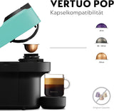 Macchina per caffè espresso con capsule Nespresso Krups Vertuo Pop, capacità: 560 ml, riconoscimento automatico delle capsule, sistema one-touch, 4 dimensioni di tazza, tempo di riscaldamento ridotto, sostenibile, Aqua Mint, XN9204