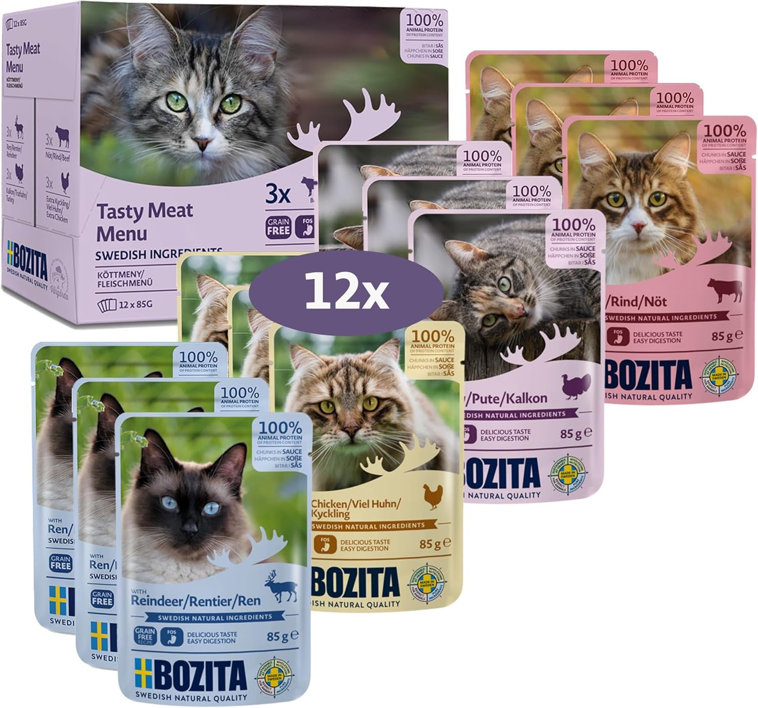 Bozita Cibo umido per gatti in pezzi al sugo di carne - 12 buste x 85g Cibo umido per gatti senza cereali e frumento - Cibo umido per gatti adulti con 8,5% di proteine ​​e 4,5% di grassi