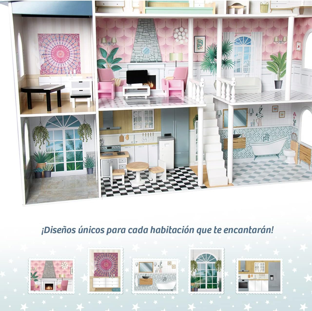 Deqube Casa delle bambole in legno, 4 piani, Casa delle bambole con decorazioni diverse e curate in ogni stanza, con 17 accessori - Dimensioni 135 X 36 X 128 cm (913D00016) Naty Shop Dollhouses