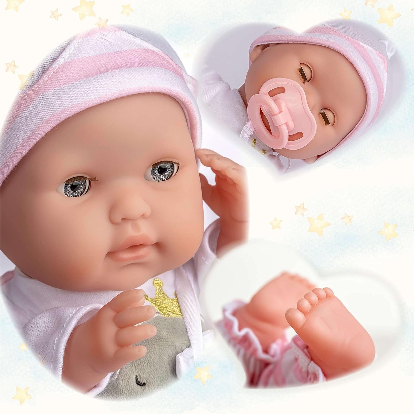JC Toys - Berenguer Boutique bambola morbida e realistica a bocca aperta/chiusa da 38 cm, set regalo da 10 pezzi, biberon, sonaglio, ciuccio e accessori, rosa, dai 2 anni in su
