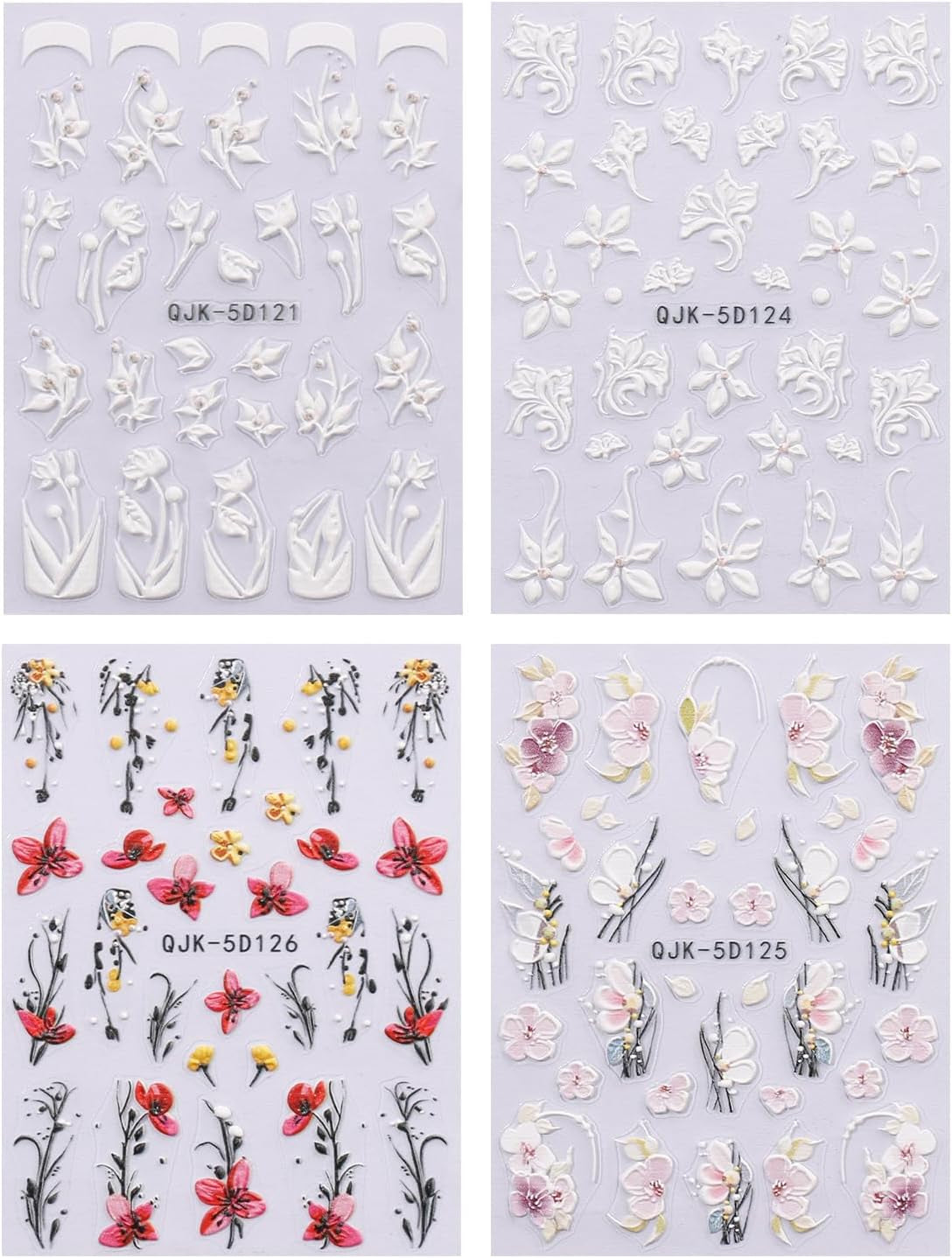 JMEOWIO 3D Nagelsticker Blumen Nail Art Sticker Selbstklebend Nagelaufkleber 5D Stereoscopico Frühling Sommer Dekoration Nageldesign Zubehör 4 Blatt