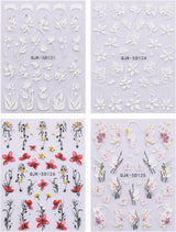 JMEOWIO 3D Nagelsticker Blumen Nail Art Sticker Selbstklebend Nagelaufkleber 5D Stereoscopico Frühling Sommer Dekoration Nageldesign Zubehör 4 Blatt