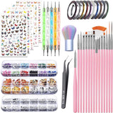 Set di adesivi per unghie e accessori - 5 adesivi per unghie, pennello, pietre, nastro decorativo, lamina d'oro - Perfetto per manicure e unghie in gel - Set da 50 pezzi