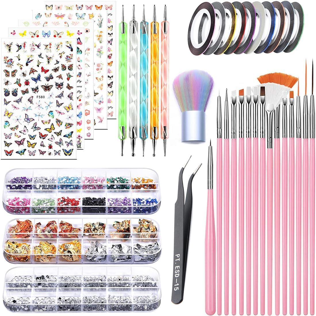 Set di adesivi per unghie e accessori - 5 adesivi per unghie, pennello, pietre, nastro decorativo, lamina d'oro - Perfetto per manicure e unghie in gel - Set da 50 pezzi