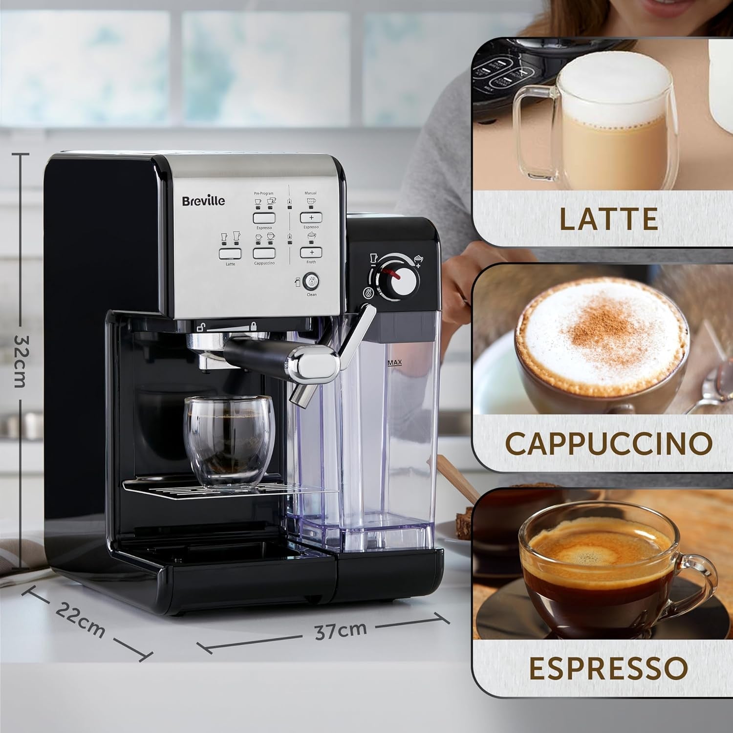Espresso Breville Prima Latte II | Macchina per latte e cappuccino | Pompa professionale con 15 bar e montalatte | Argento [VCF108X]