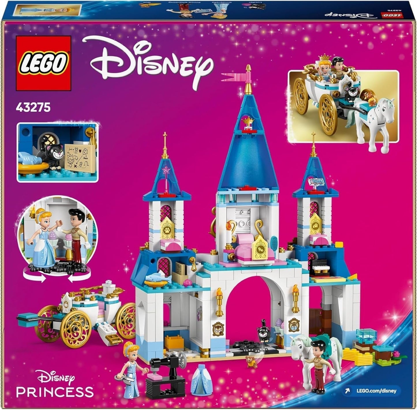 LEGO € Disney Princess Castello di Cenerentola e carrozza trainata da cavalli, set per ragazze dai 6 anni in su, fantastico giocattolo con mini bambole della principessa Cenerentola e del principe azzurro, idea regalo per i fan Disney 43275 Set da costruzione Beuche den LEGO-Store