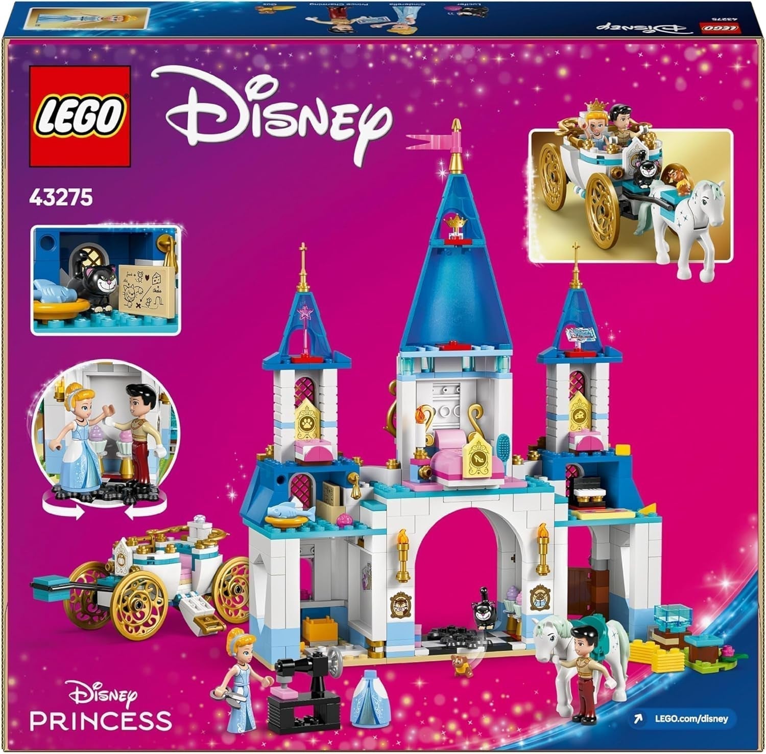 LEGO € Disney Princess Castello di Cenerentola e carrozza trainata da cavalli, set per ragazze dai 6 anni in su, fantastico giocattolo con mini bambole della principessa Cenerentola e del principe azzurro, idea regalo per i fan Disney 43275 Set da costruzione Beuche den LEGO-Store