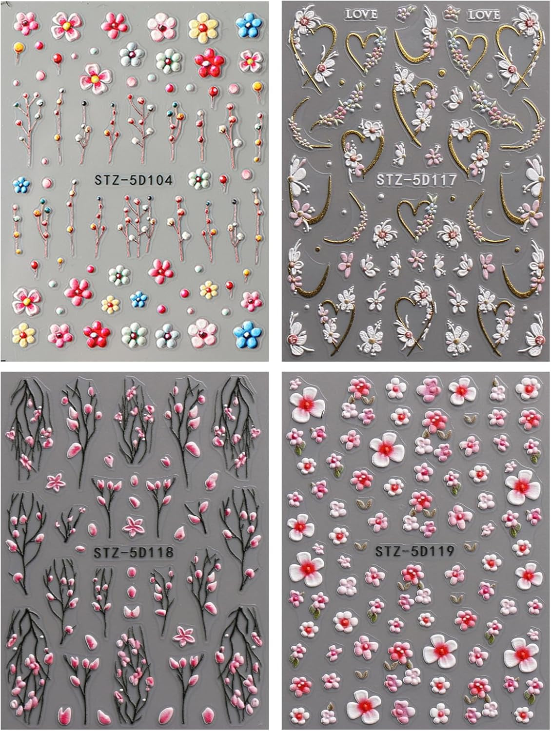JMEOWIO 3D Nagelsticker Blume Nail Art Sticker Self-klebend Nagelaufkleber 5D Stereoscopico Frühling Sommer Floral Dekoration Nageldesign Zubehör 4 Blatt
