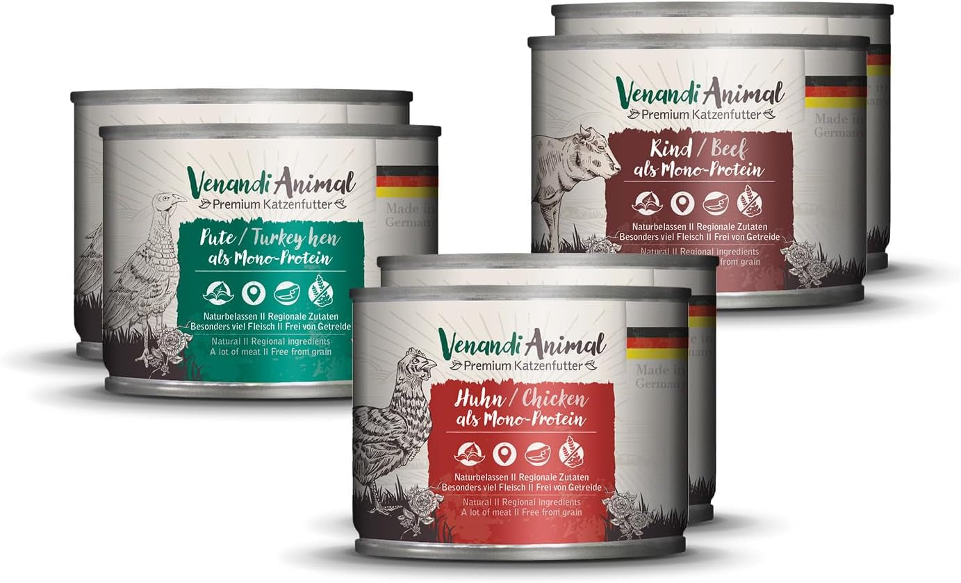 Venandi Animal - Premium Nassfutter für Katzen, Probierpakett I, Pollo, Pute, Cotenna, 6 x 200 g (confezione da 6), getreidefrei und naturbelassen