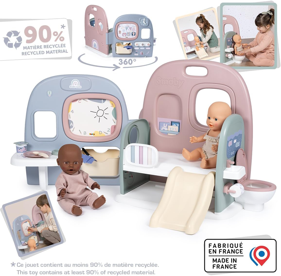 Smoby - Baby care Cameretta per bambole - Centro giochi per bambole Cameretta + Asilo Vita quotidiana - Area di gioco pieghevole con rotazione di 360° - 6 accessori - Realizzato con materiale riciclato al 90% in Francia, da 3 anni