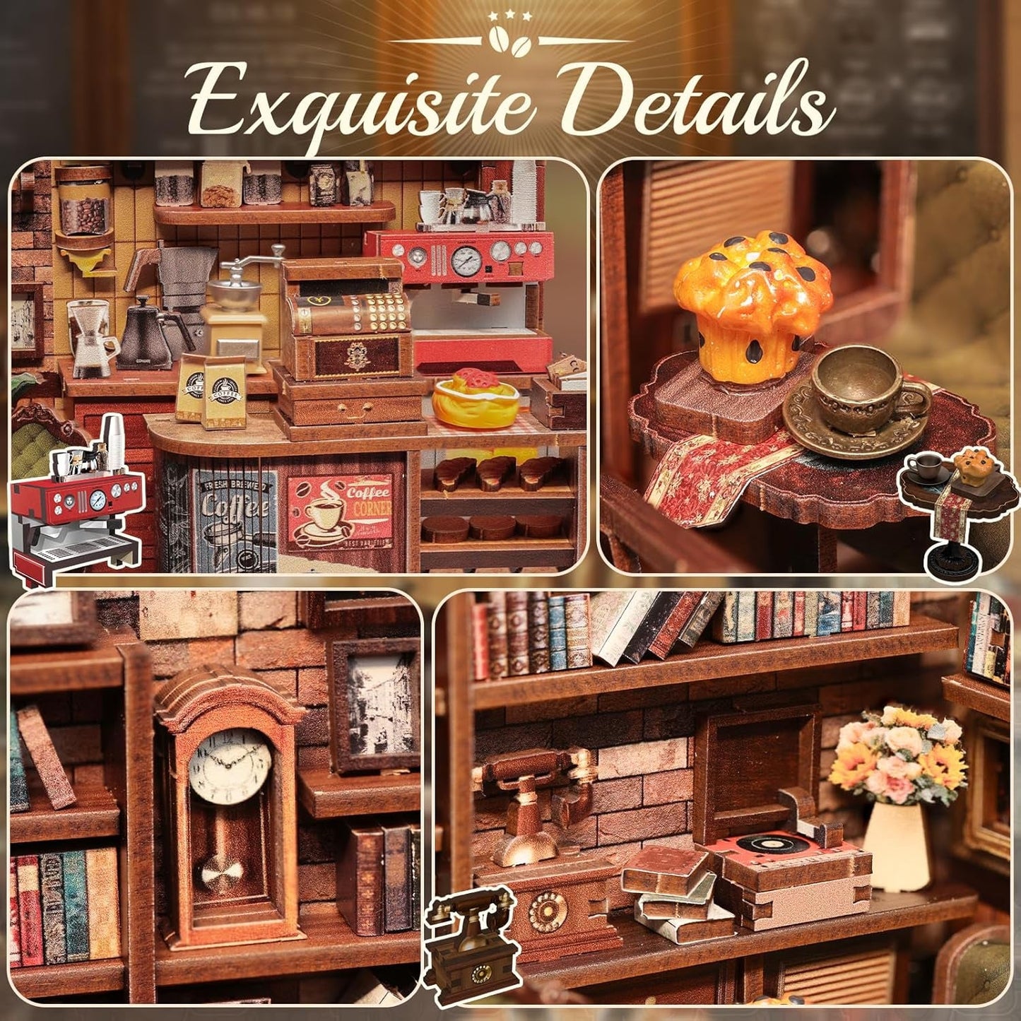 CUTEBEE Kit Angolo Libro - Case delle Bambole Fai-da-Te, Kit di Costruzione di Case in Miniatura Illuminate a LED per Adulti, Puzzle 3D in Legno e Supporto per Libri - Decorazione per Scaffale e Regalo (Corner Cafe)