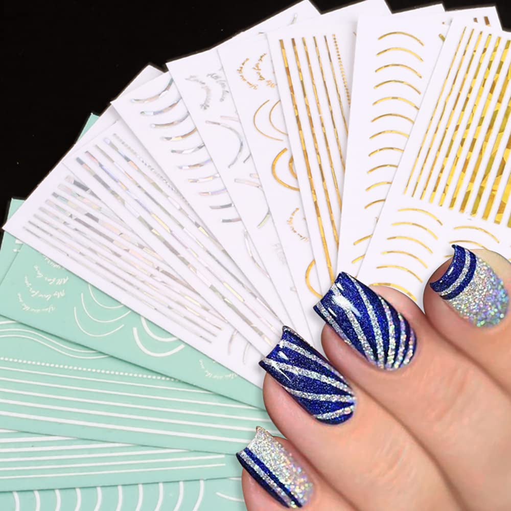 12 fogli Linee glitterate laser Adesivi per unghie autoadesivi Adesivi olografici Strisce di bronzo Adesivi per unghie Linea francese Fiocchi curvi Linee ondulate Adesivi per unghie Accessori per nail art
