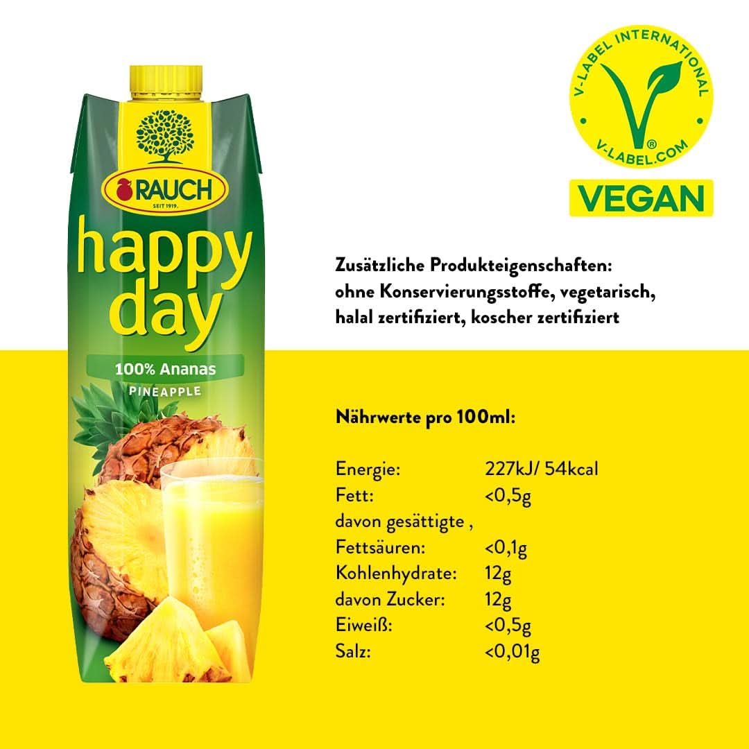 Rauch Happy Day Ananas | Esplosione di sapori tropicali | A base di succo d'ananas concentrato al 100% | 6 x 1 litro, Tetra Prisma Bevande analcoliche Naty Shop