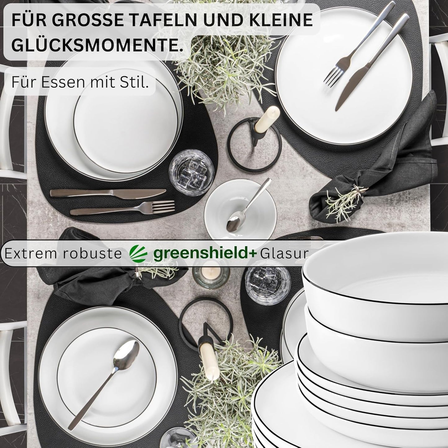 SANGER | Set di stoviglie Marlo Black and White Edge, set di stoviglie in porcellana da 18 pezzi per 6, bianco con accenti neri, piatti piani, piatti da dessert e ciotole, design moderno | LA COLLEZIONE PREMIUM