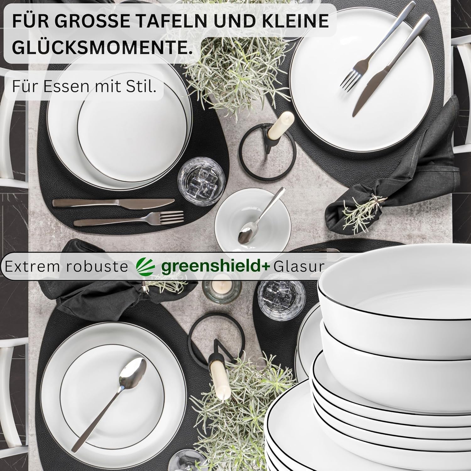 SANGER | Set di stoviglie Marlo Black and White Edge, set di stoviglie in porcellana da 18 pezzi per 6, bianco con accenti neri, piatti piani, piatti da dessert e ciotole, design moderno | LA COLLEZIONE PREMIUM