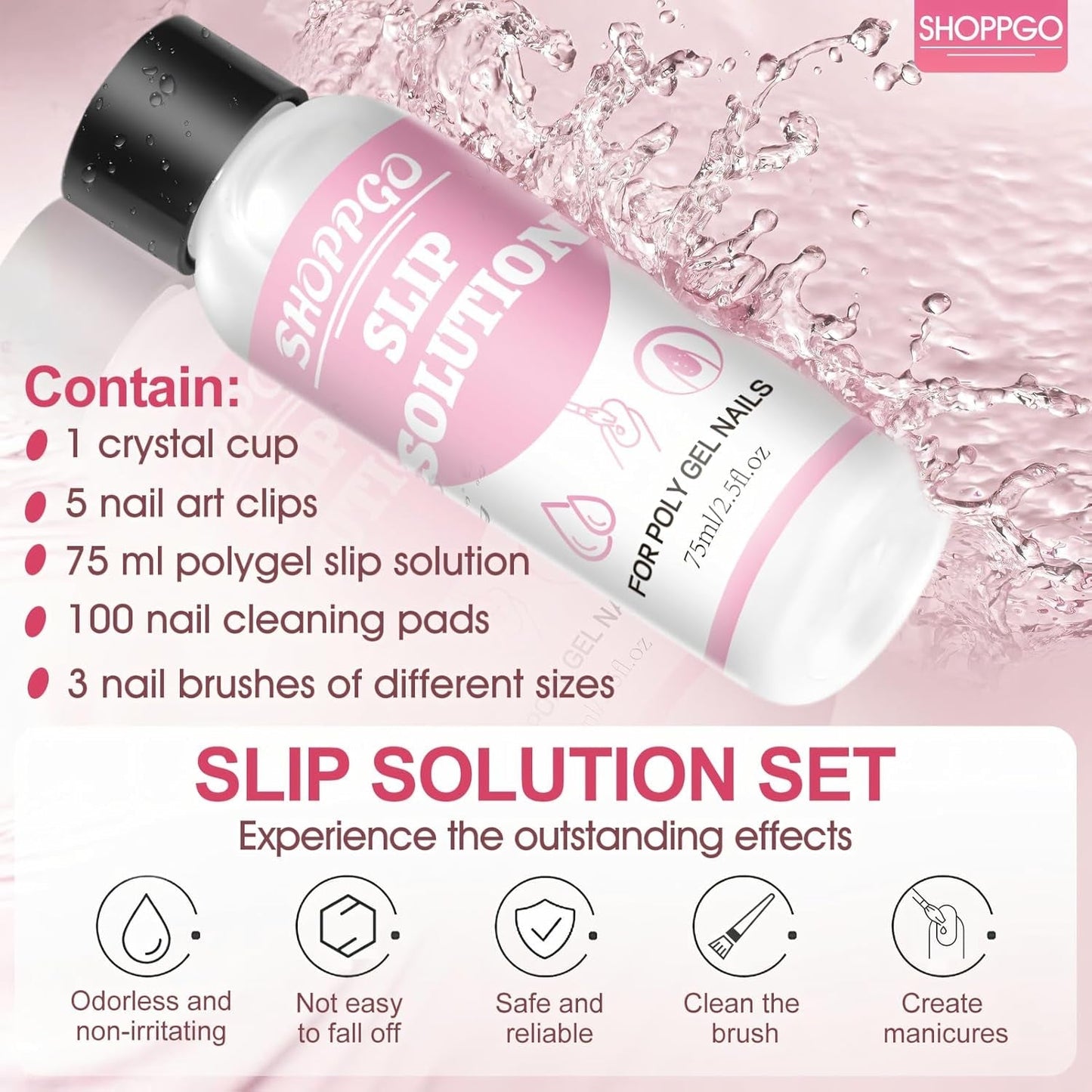 Soluzione lisciante Polygel, kit per unghie Polygel Slip Solution, soluzione lisciante 75 ml, include 5 clip per punte delle unghie, 3 spazzole per unghie, 1 tazza di cristallo, 100 fogli di pulizia