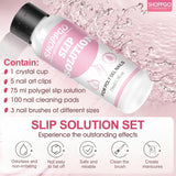 Soluzione lisciante Polygel, kit per unghie Polygel Slip Solution, soluzione lisciante 75 ml, include 5 clip per punte delle unghie, 3 spazzole per unghie, 1 tazza di cristallo, 100 fogli di pulizia