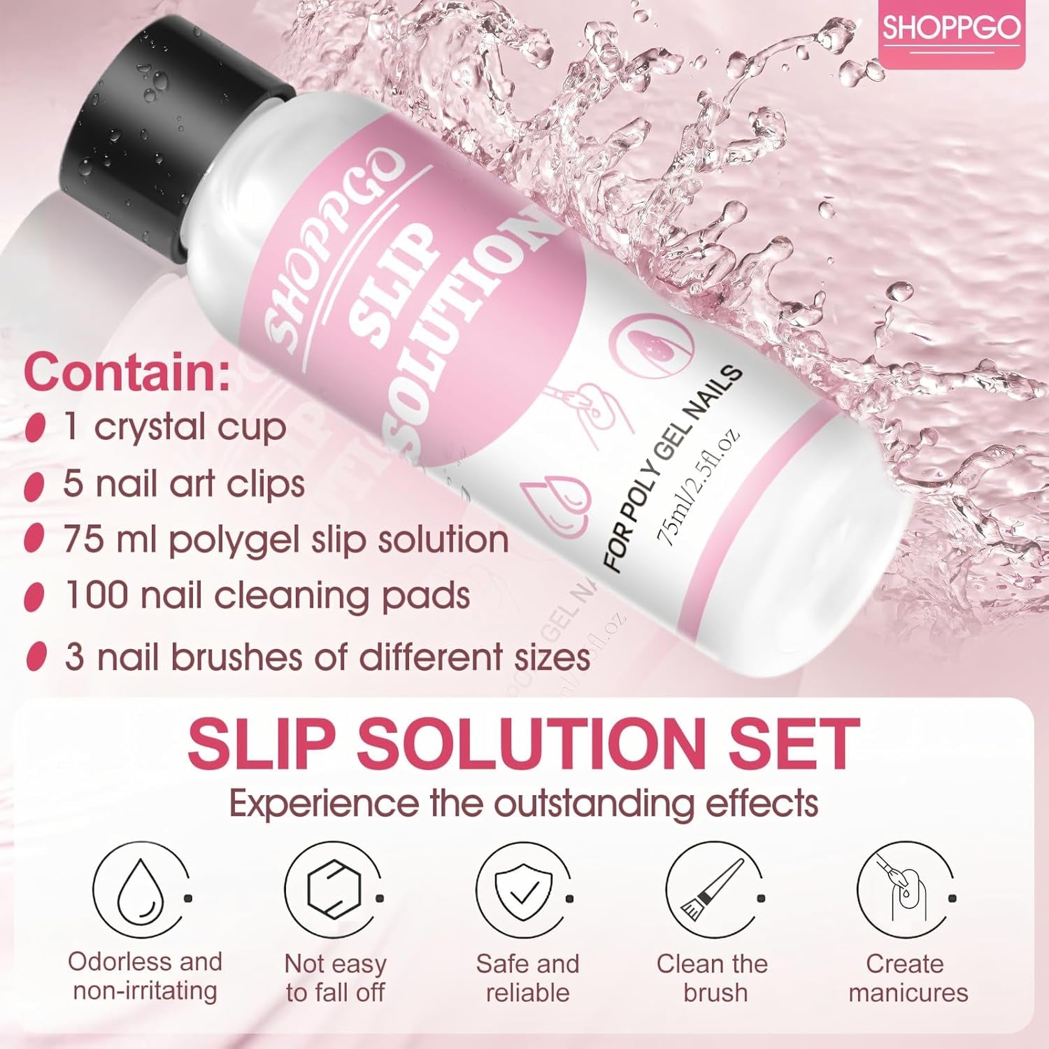 Soluzione lisciante Polygel, kit per unghie Polygel Slip Solution, soluzione lisciante 75 ml, include 5 clip per punte delle unghie, 3 spazzole per unghie, 1 tazza di cristallo, 100 fogli di pulizia