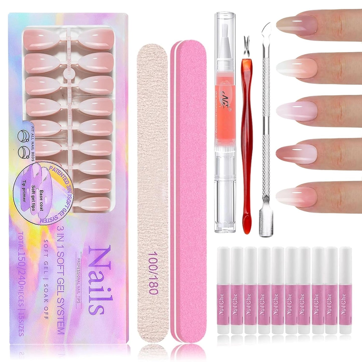 Kit per unghie finte sfumate da 150 pezzi - 5 colori per unghie finte autoadesive dal design sfumato - Copertura completa per donne e ragazze - Unghie finte lucide per manicure fai-da-te (Quadrato)