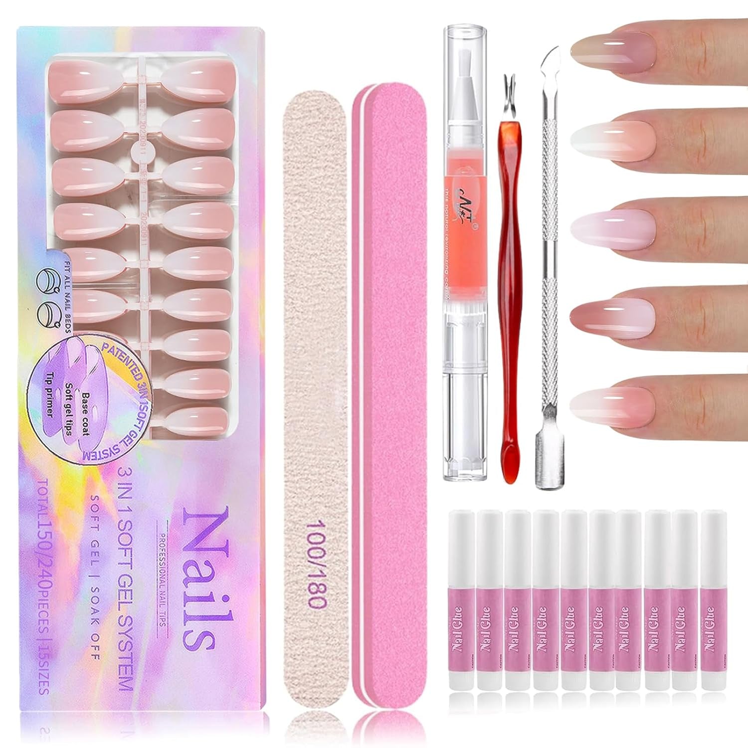 Kit per unghie finte sfumate da 150 pezzi - 5 colori per unghie finte autoadesive dal design sfumato - Copertura completa per donne e ragazze - Unghie finte lucide per manicure fai-da-te (Quadrato)