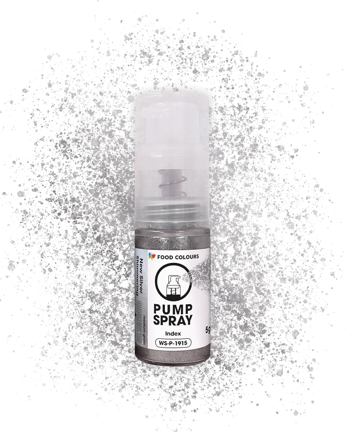 Spray alimentare glitter commestibile NEW SILVER SHIMMERING 5G pompa con polvere metallica per la decorazione rapida ed efficace di torte, creme, gelatine, praline, cioccolato e decorazioni di zucchero