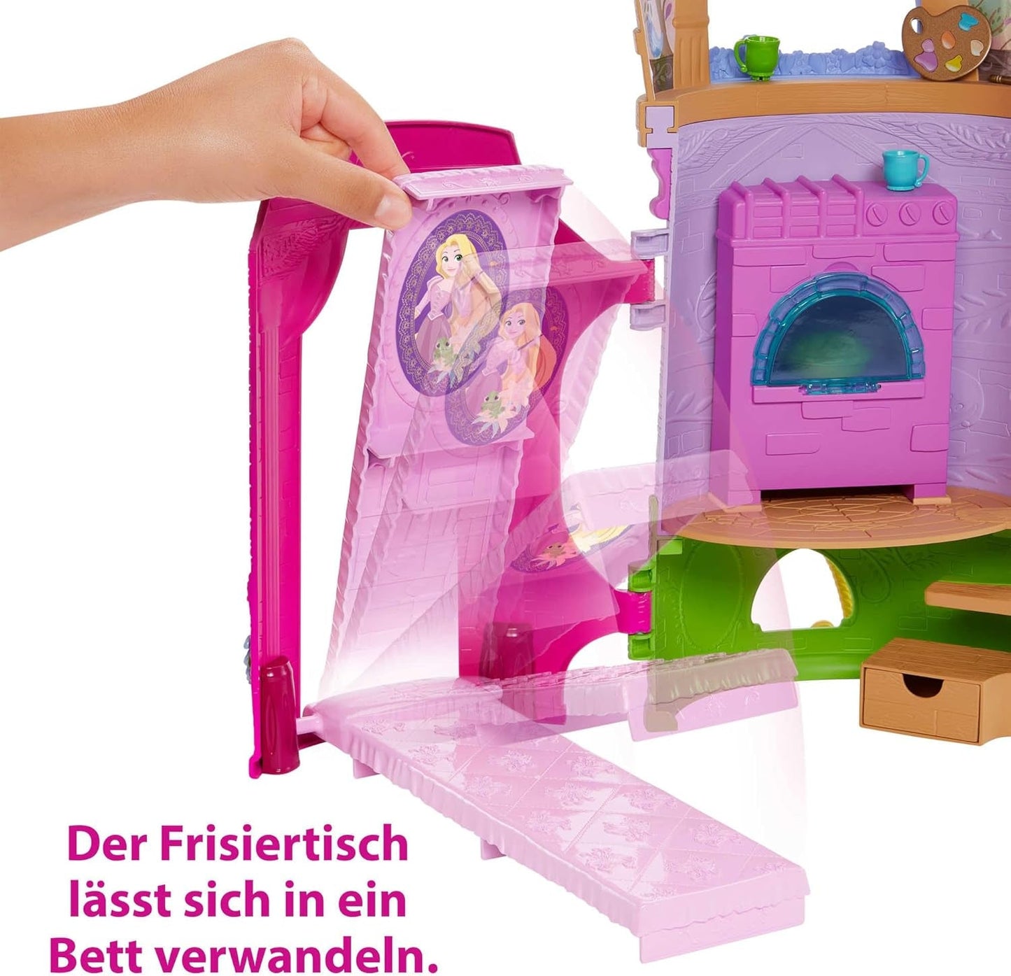 Disney Princess HMV99 - Rapunzel bambola mobile e torre giochi con divertimento a tutto tondo, 6 aree gioco e 15 accessori, ispirata al film Disney, giocattoli per bambole di 3 anni Naty Shop Dolls