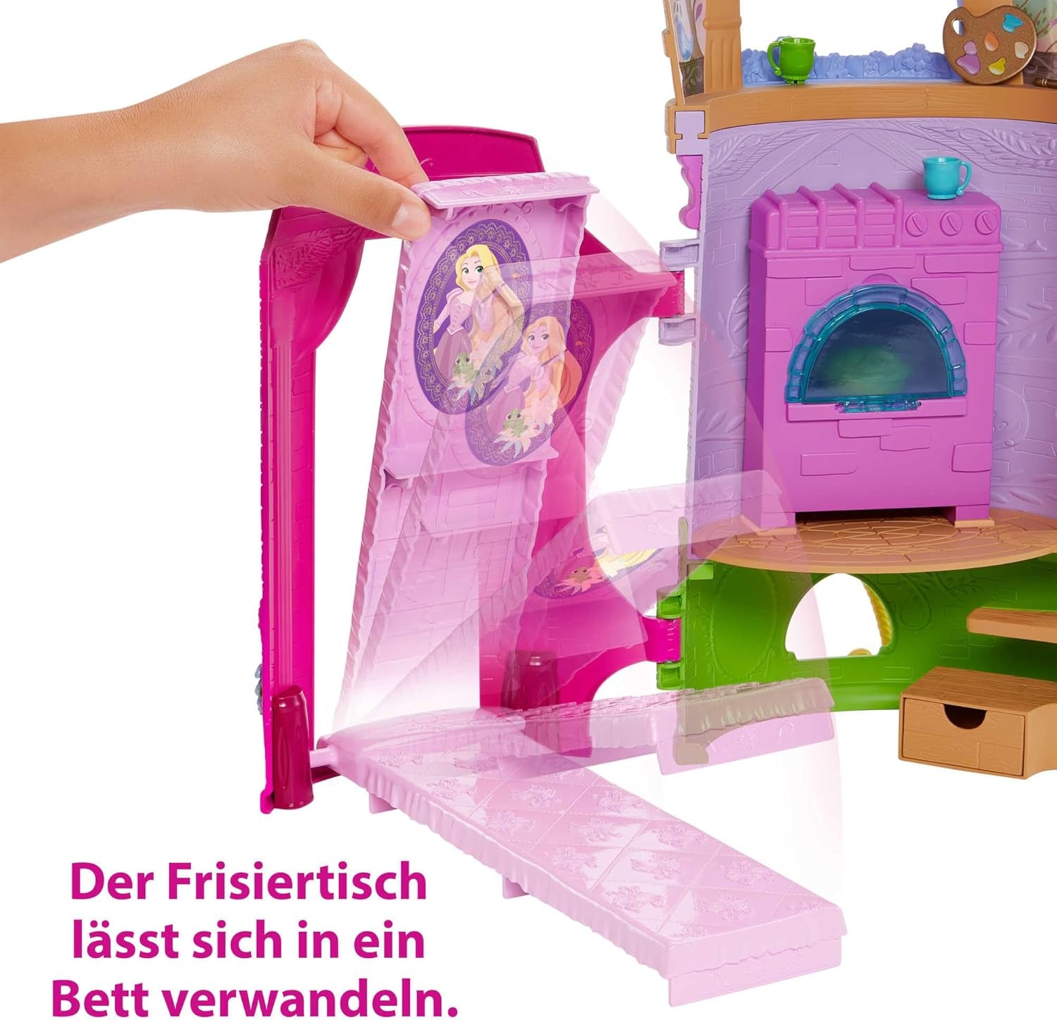 Disney Princess HMV99 - Rapunzel bambola mobile e torre giochi con divertimento a tutto tondo, 6 aree gioco e 15 accessori, ispirata al film Disney, giocattoli per bambole di 3 anni Naty Shop Dolls