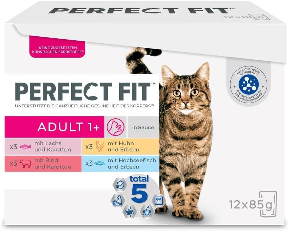 Selezione di cibo umido Perfect Fit Adult 1+ con salmone, pesce di acque profonde, manzo e pollo, 48 bustine, 12x85 g (confezione da 4) - Cibo umido premium per gatti adulti a partire da 1 anno di età