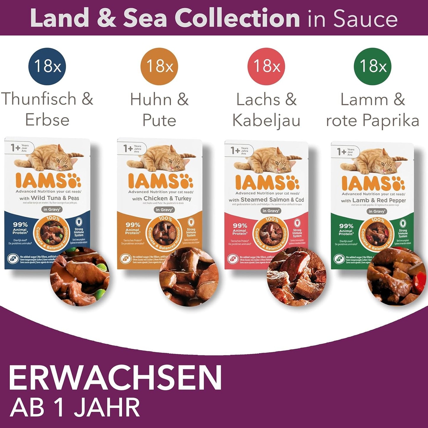 IAMS Delights Collezione Land & Sea Cibo umido per gatti - Assortimento di carne e pesce Multipack in salsa, Cibo umido per gatti da 1 anno, 72 x 85 g