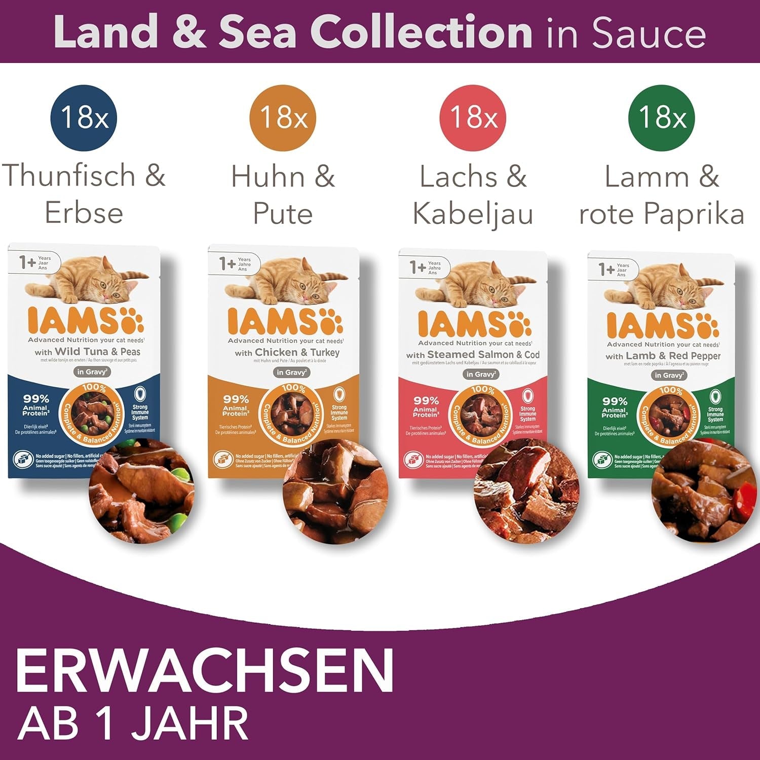 IAMS Delights Collezione Land & Sea Cibo umido per gatti - Assortimento di carne e pesce Multipack in salsa, Cibo umido per gatti da 1 anno, 72 x 85 g