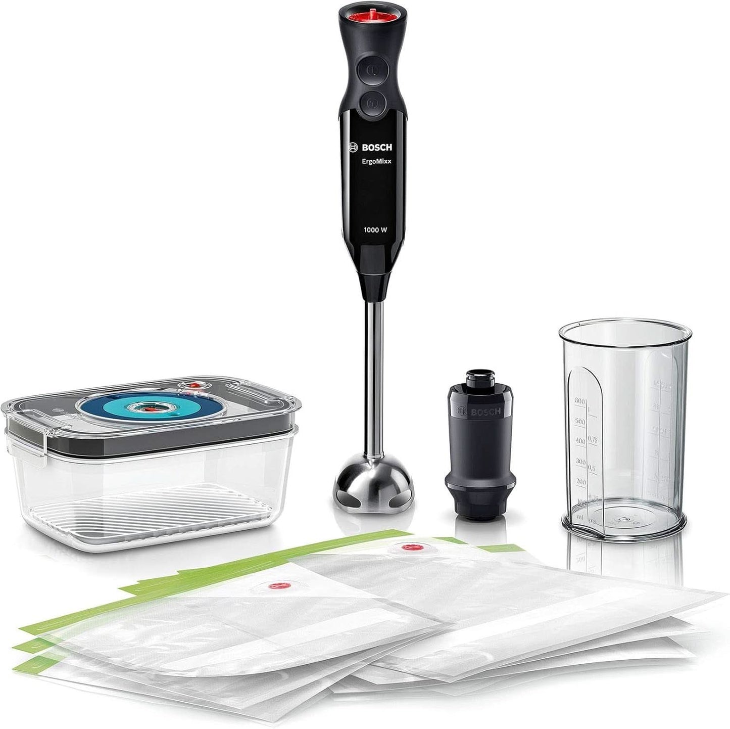 Bosch Stabmixer Ergomixx MS6CB61V1, Vakuum-Funktion, Edelstahl-Mixfuß, Mix- Und Messbecher, Vakuum-Pumpe, Vakuum-Beutel, Vakuum-Frischhaltedose, 12 Stufen plus Turbo, 1000 W, Nero/Antracite Kitchen Naty Shop
