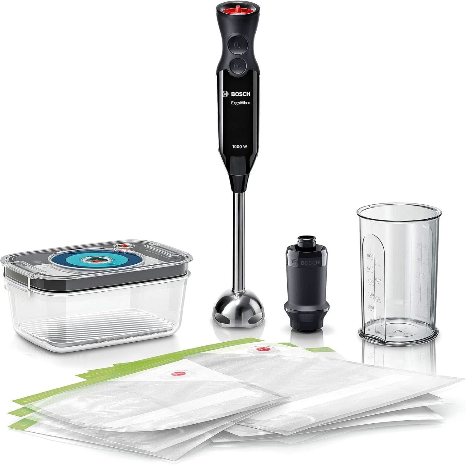 Bosch Stabmixer Ergomixx MS6CB61V1, Vakuum-Funktion, Edelstahl-Mixfuß, Mix- Und Messbecher, Vakuum-Pumpe, Vakuum-Beutel, Vakuum-Frischhaltedose, 12 Stufen plus Turbo, 1000 W, Nero/Antracite Kitchen Naty Shop