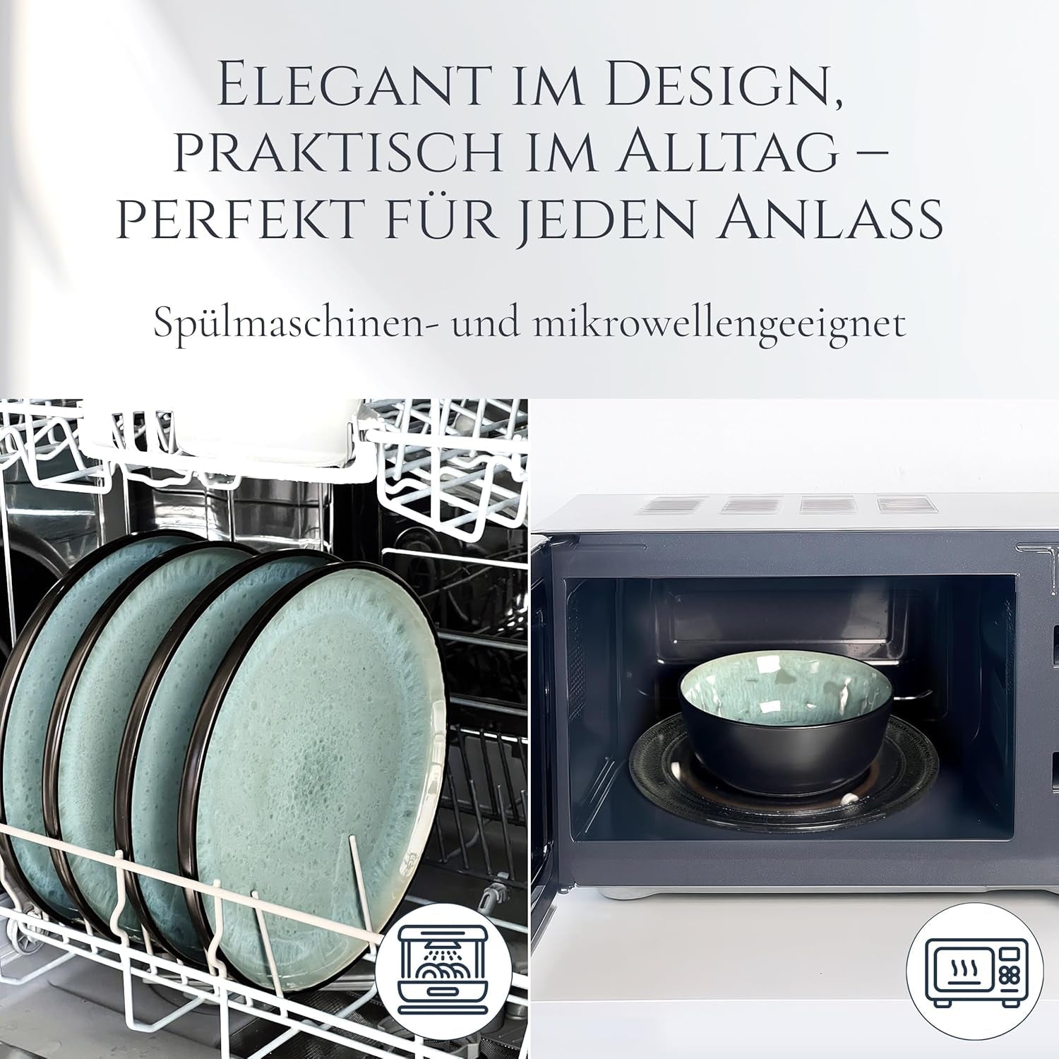 Servizio stoviglie 24 pezzi in gres ceramica per 6 persone, design Ibiza, VINCITORE DEL TEST. Uno splendido set di stoviglie mediterranee che comprende ciotole e piatti. Servizio da tavola Pure Living, verde salvia.
