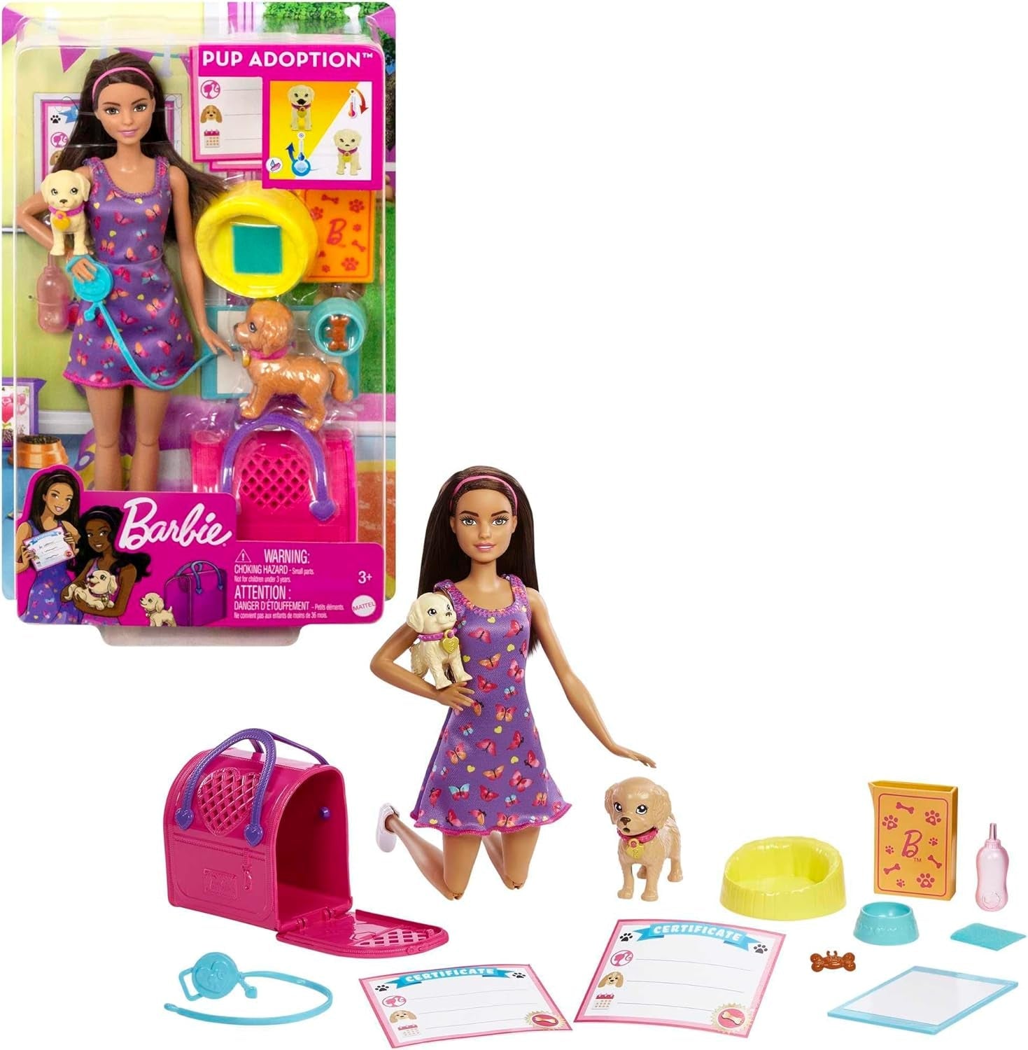 Barbie Puppy Adozione - Bambola e 2 cuccioli, con certificati di adozione, effetto cambio colore, gabbia e accessori, per bambini dai 3 anni in su, HKD 86