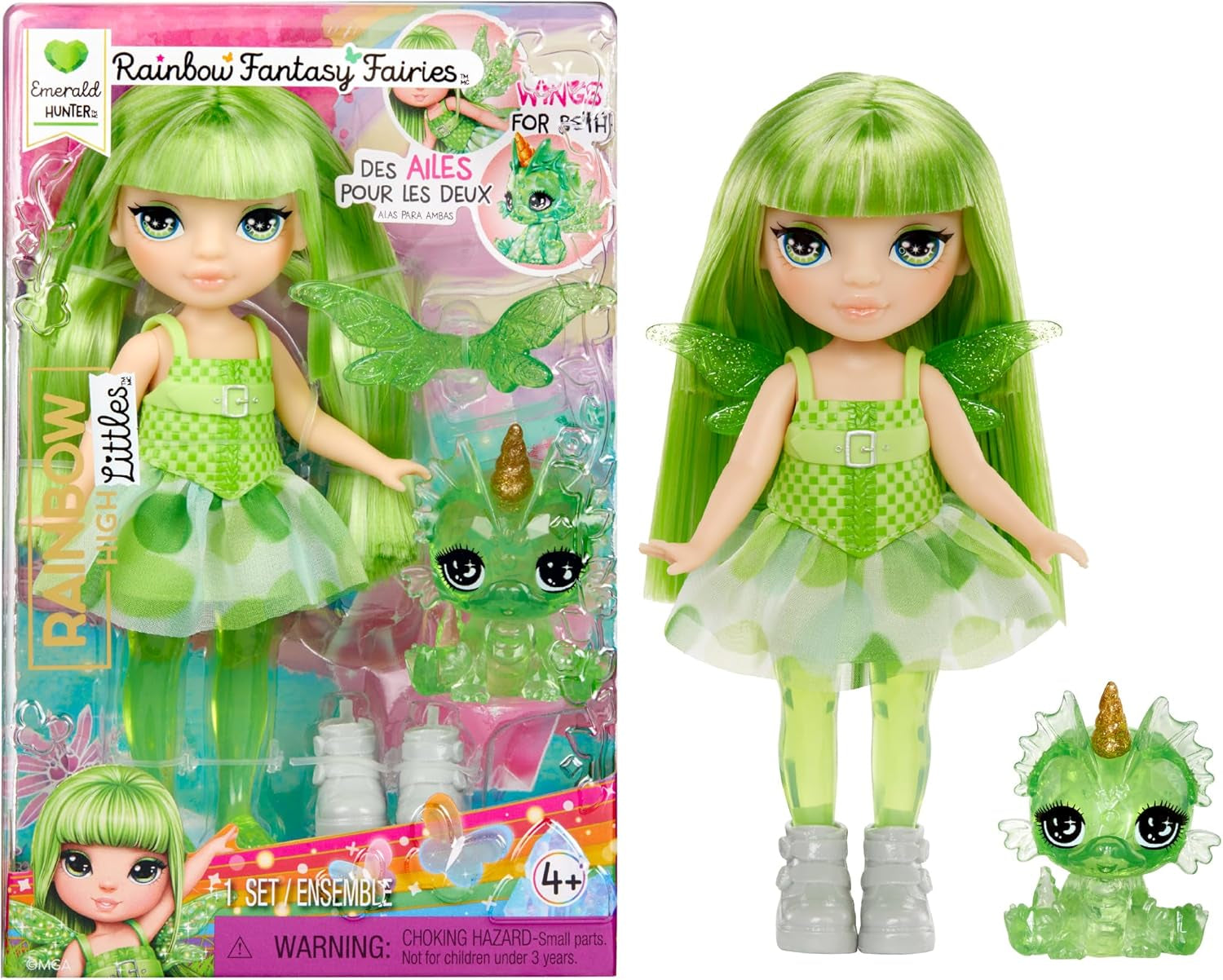 Rainbow High Littles Fata e animaletto Rainbow Fantasy - Smeraldo, Verde - Piccola bambola drago fantasy articolata da 14 cm con ali di fata intercambiabili, dolce regalo per bambini dai 4 anni in su