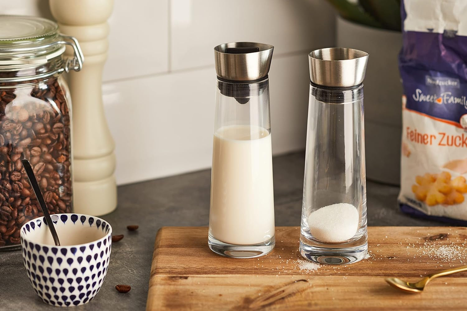 blomus -MACCHIATO- Set zucchero e panna in vetro, capacità 180 ml, coperchio in acciaio inossidabile, per tè e caffè, lavorazione di alta qualità, aspetto esclusivo (A / L / P: 17 x 5,4 x 5,4 cm, Trasparente, 63510)