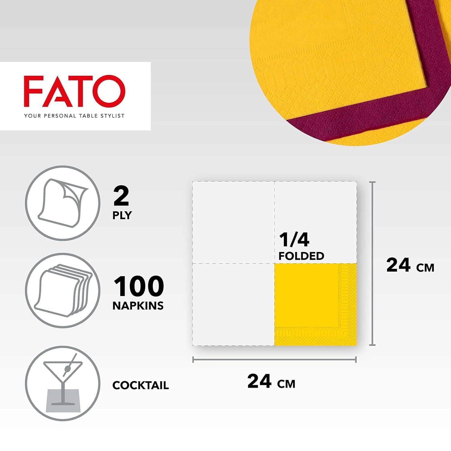 , Tovaglioli Carta Usa E Getta, Ideali per Aperitivi e Cocktail, Confezione da 100 Tovaglioli, Formato 24X24, 4 Veli, 2 Veli, Giallo, Carta 100% Pura Cellulosa, Certificata Fsc (Confezione da 3)