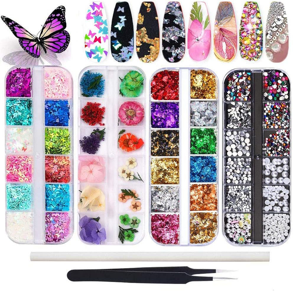 Kalolary Fiori secchi per unghie Farfalla Paillettes Smalto per unghie Adesivi per unghie Pinzetta Pietre per unghie Strass per unghie Matita per unghie 3D Decorazioni fai da te