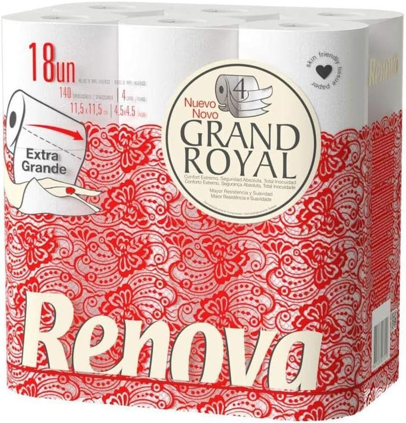 Carta igienica Renova Grand Royal, 18 rotoli Premium XXL, 4 strati, morbida e resistente